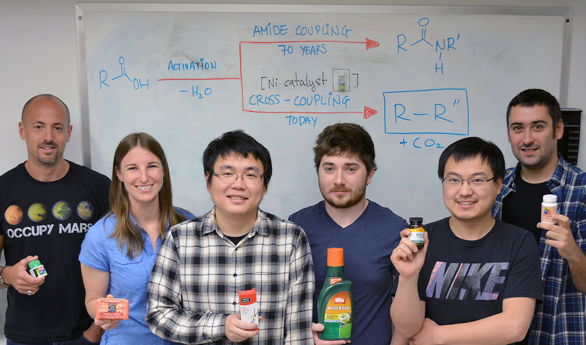 Members of The Scripps Research Institute's Baran lab illustrate how they have repurposed a 70-year old reaction: using a simple nickel catalyst, a limitless array of simple carboxylic acids can be diversified to make new C–C bonds with the same reagents and simple technique of the age-old amide-bond forming reaction. From left to right are Phil Baran, Lara Malins, Tien Qin, Jacob Edwards, Chao Li and Josep Cornella.