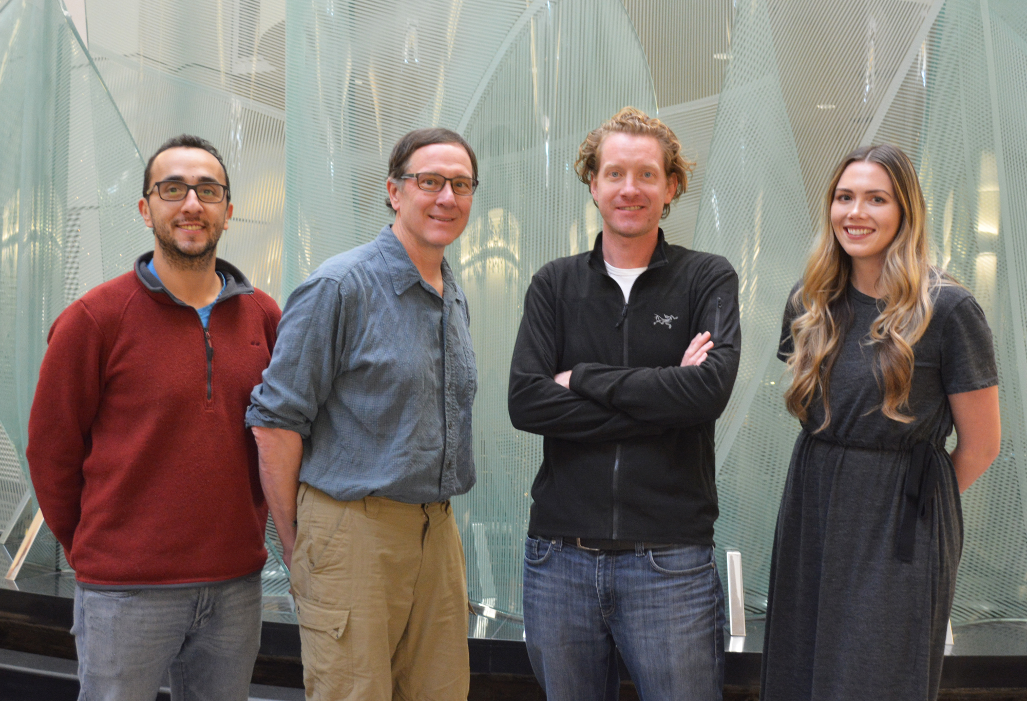Study authors included (left to right) J. Rafael Montenegro-Burke, Gary Siuzdak, Luke Lairson and Brittney A. Beyer of TSRI (Photo by Madeline McCurry-Schmidt)