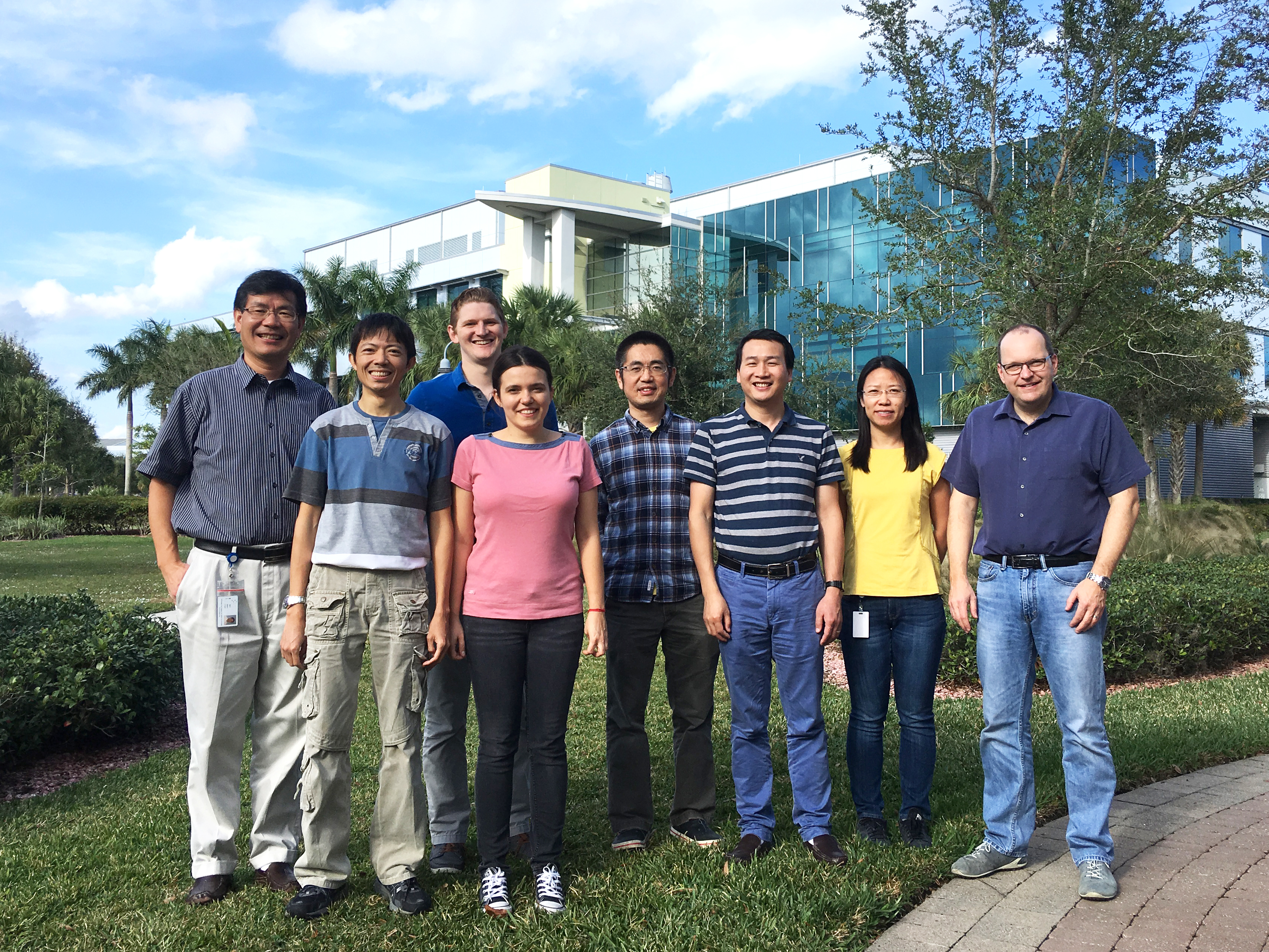 (Left to right) Ben Shen led the study with Hindra, Jeffrey D. Rudolf, Ivana Crnovčić, Dong Yang, Xiaohui Yan, Xiuling Li and Christoph Rader on the Florida campus of The Scripps Research Institute.