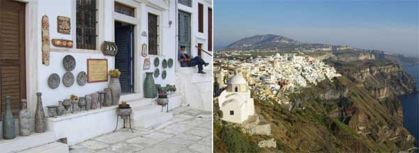 Photos of a pottery shop in Naxos, Greece (left) and photo of Santorini, Greece (right)