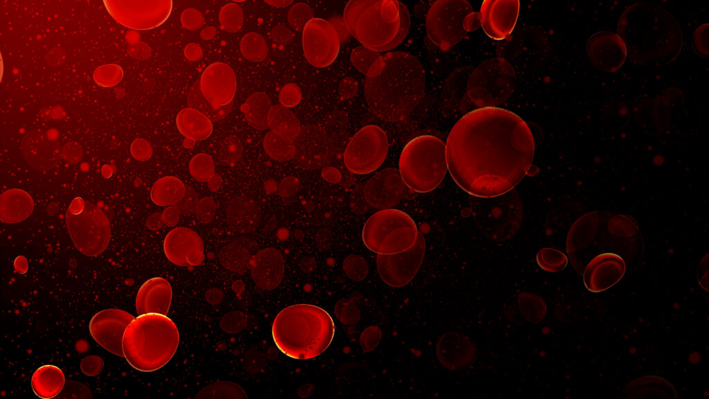 Illustrated 3D rendering of red blood cells floating against a dark background, representing normal blood and disease state research.