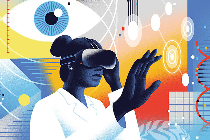 Illustration of scientist wearing virtual reality goggles.