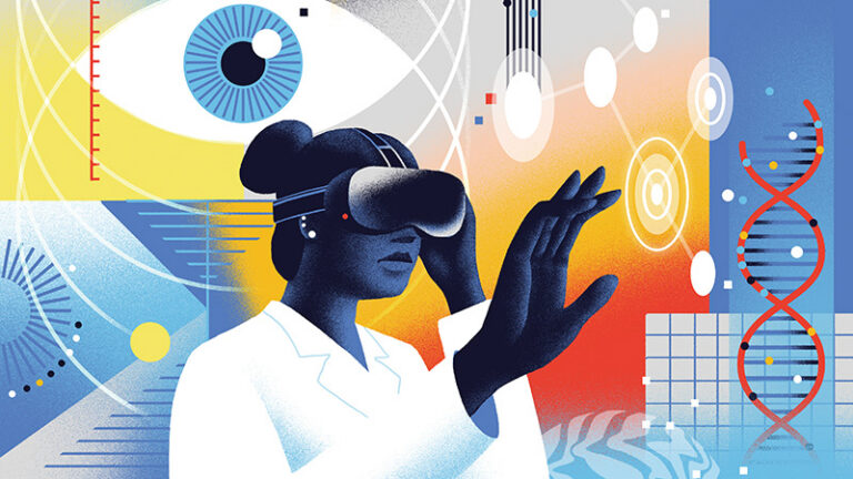 Illustration of scientist wearing virtual reality goggles.