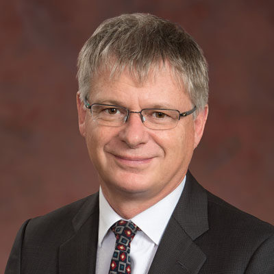 Professional headshot of Stephen Kingsmore, SRTI Executive Committee member, wearing glasses and a dark suit against a brown background.