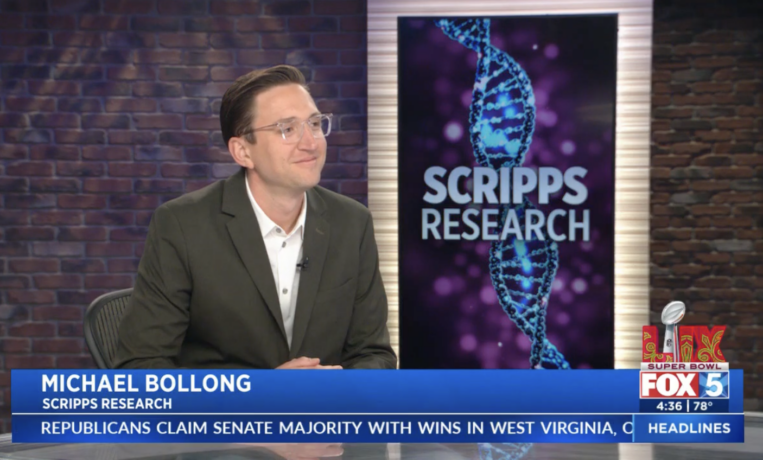 Associate professor Michael Bollong discusses his work in regenerative medicine during an interview with Fox 5 San Diego.