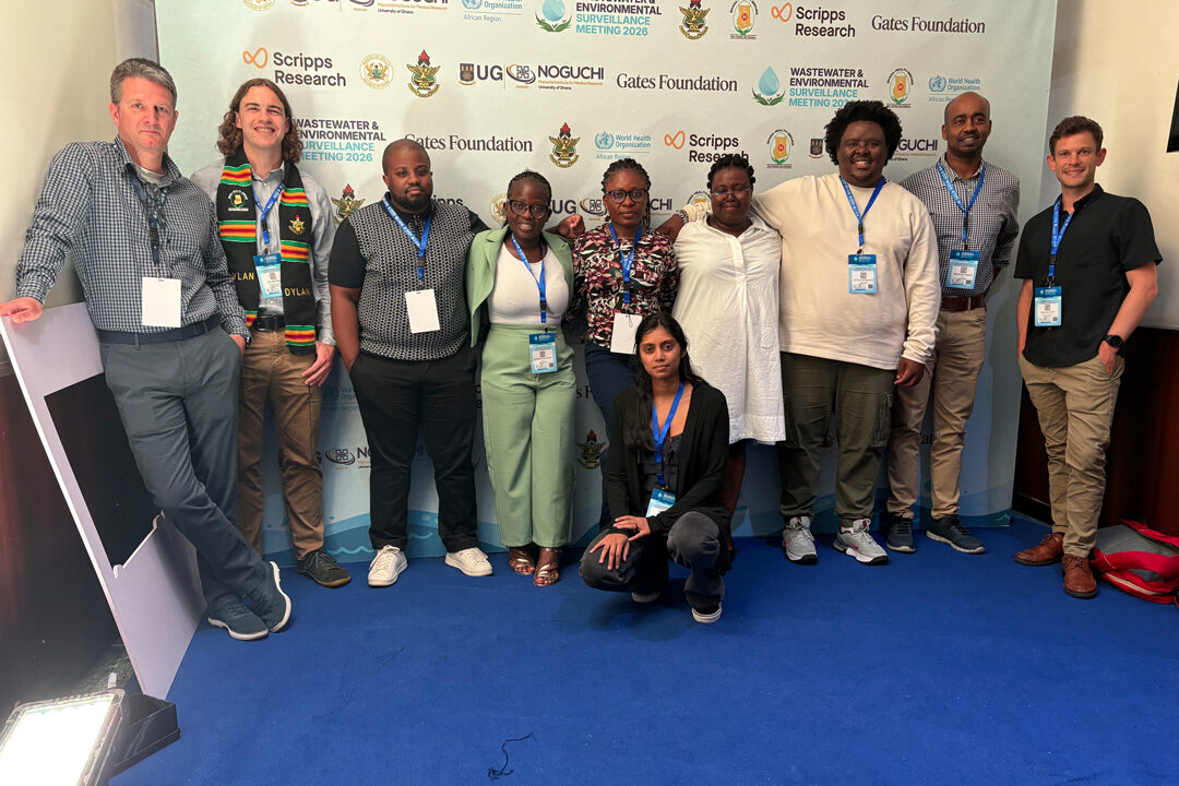 Scripps Research Professor Kristian Andersen (far left), Dylan Pilz (second from left) and Senior Project Scientist Josh Levy (far right) with their NICD colleagues at a recent conference in Accra, Ghana. Credit: Scripps Research