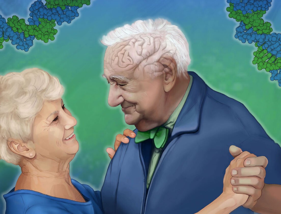Illustration of elderly couple dancing.
