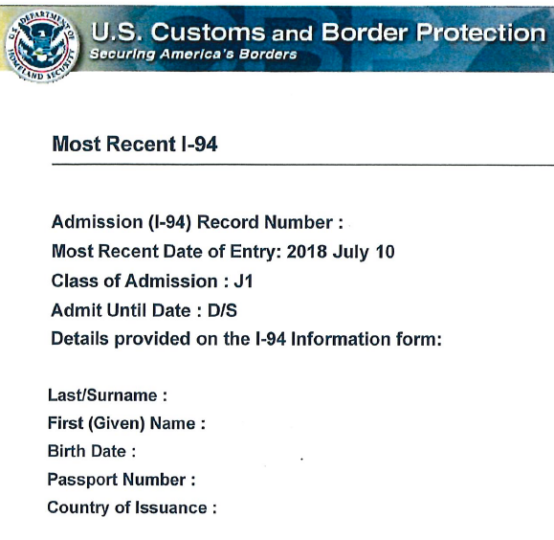 I-94 Admissions Record